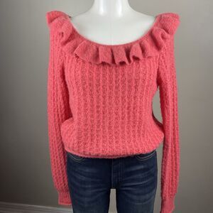 Anthropologie Pink Ruffled Boat Neck Sweater Size Small Knit Soft Wool Blend